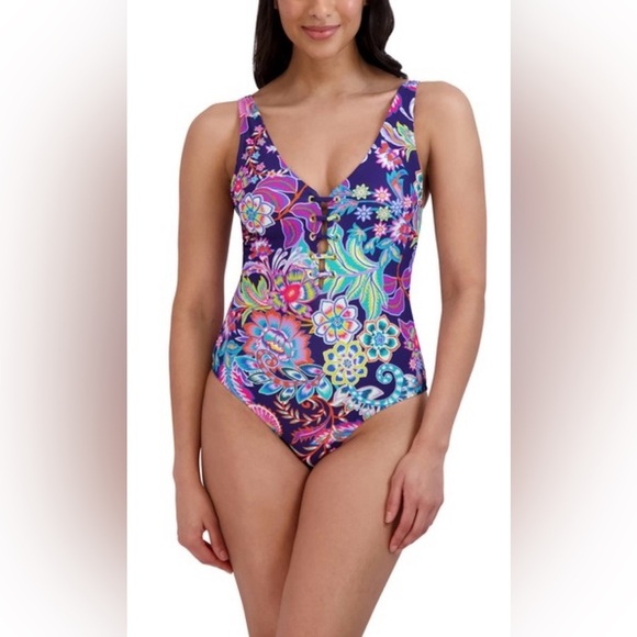 BCBGMAXAZRIA One Piece Swimsuit Lace Up Grommet Tummy Control  Size M - Picture 2 of 8